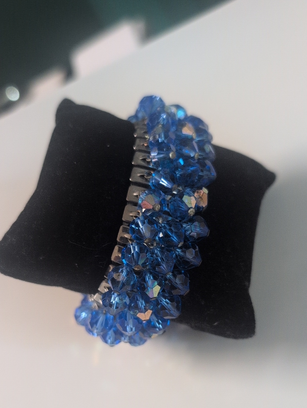 VTG 1950's Blue AB Crystal Glass Expansion Cha Cha Bracelet, Japan